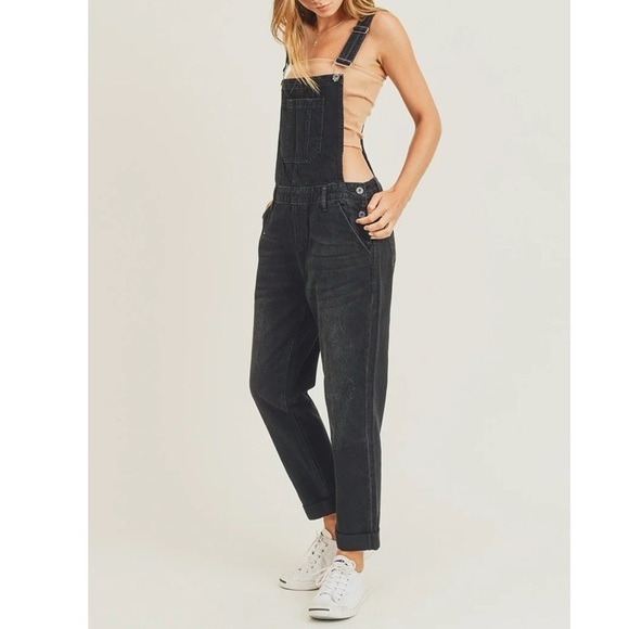 Risen Jeans Black Distressed Overalls Cotton Rigid Denim Sz S - Picture 2 of 14
